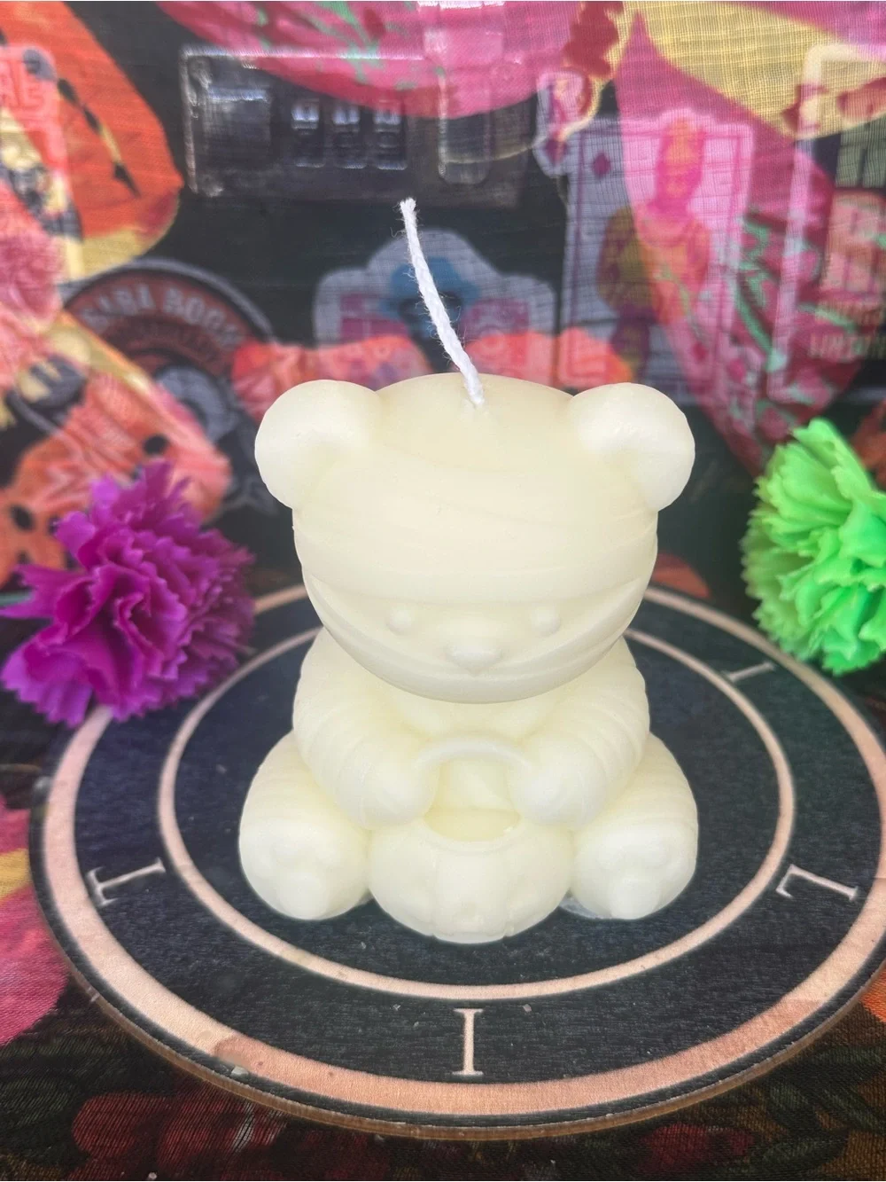 Handmade Ivory Mummy Bear Candle – Cute Halloween Teddy Bear Candle